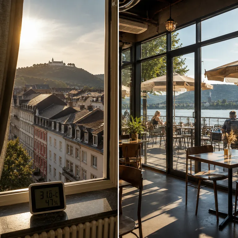 Sommerhitze in Bingen am Rhein: Altbauwohnung in der Innenstadt mit 31 °C Raumtemperatur und Café mit Glasfront am Rheinufer