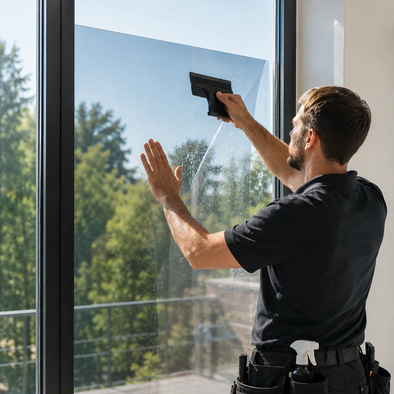 Profi bringt Fensterfolie mit dem Rakel an – fachgerechte Montage ohne Blasen und ohne Glasbruchrisiko