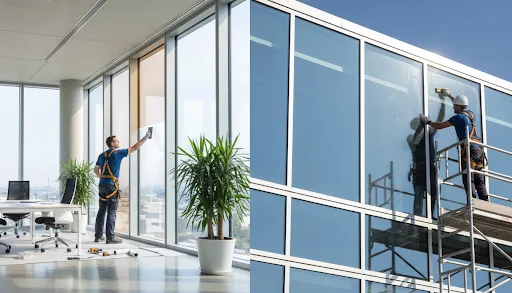 Folienmontage innen am Bürofenster und außen an der Glasfassade – Einbruchschutz nachrüsten ohne Fenstertausch