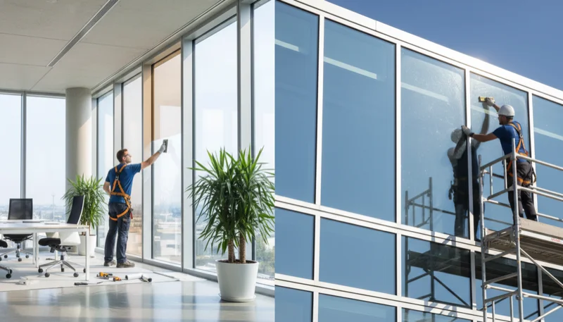 Sonnenschutzfolie wird von innen professionell an Bürofenster angebracht – FolienProfi Rhein-Main