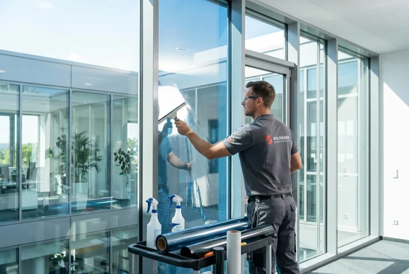 Professionelle Sonnenschutzfolie-Montage in einem modernen Bürogebäude – FolienProfi Rhein-Main